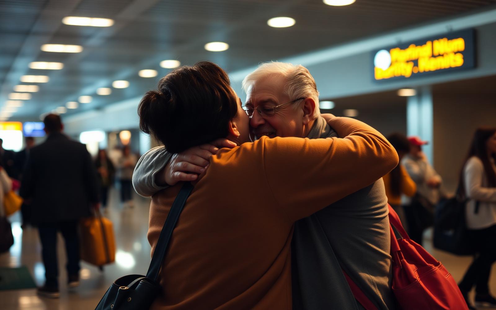 A family reunited at the arrivals hall